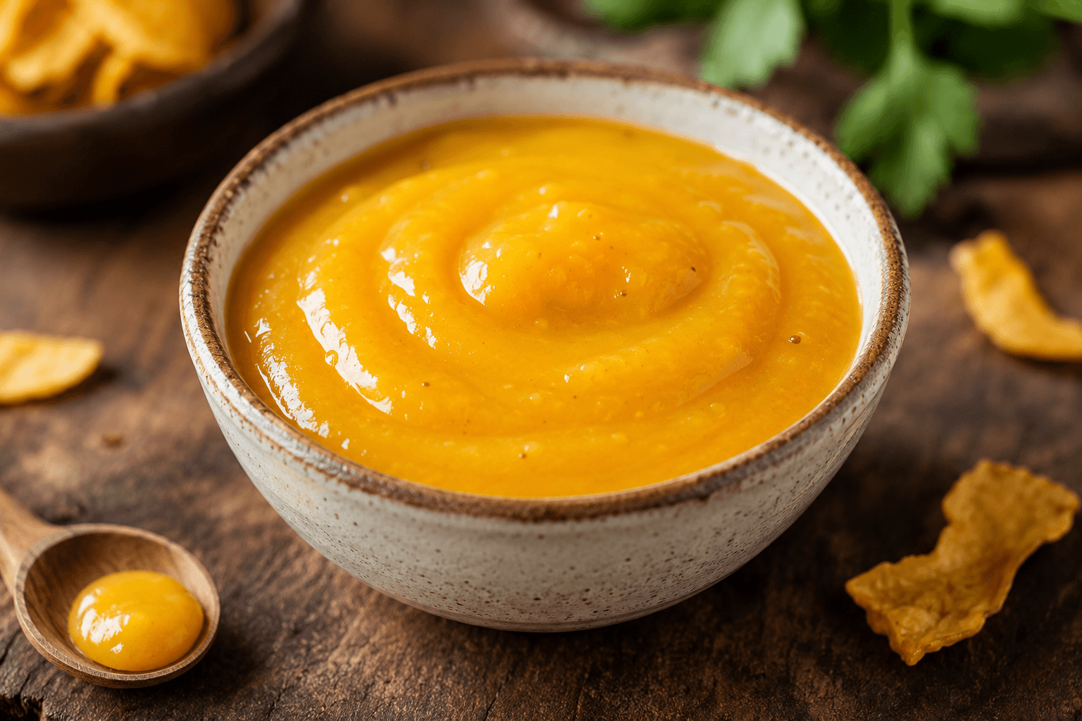 A bowl of authentic Amba sauce garnished with turmeric, fresh cilantro, garlic cloves, and pickled mango slices.