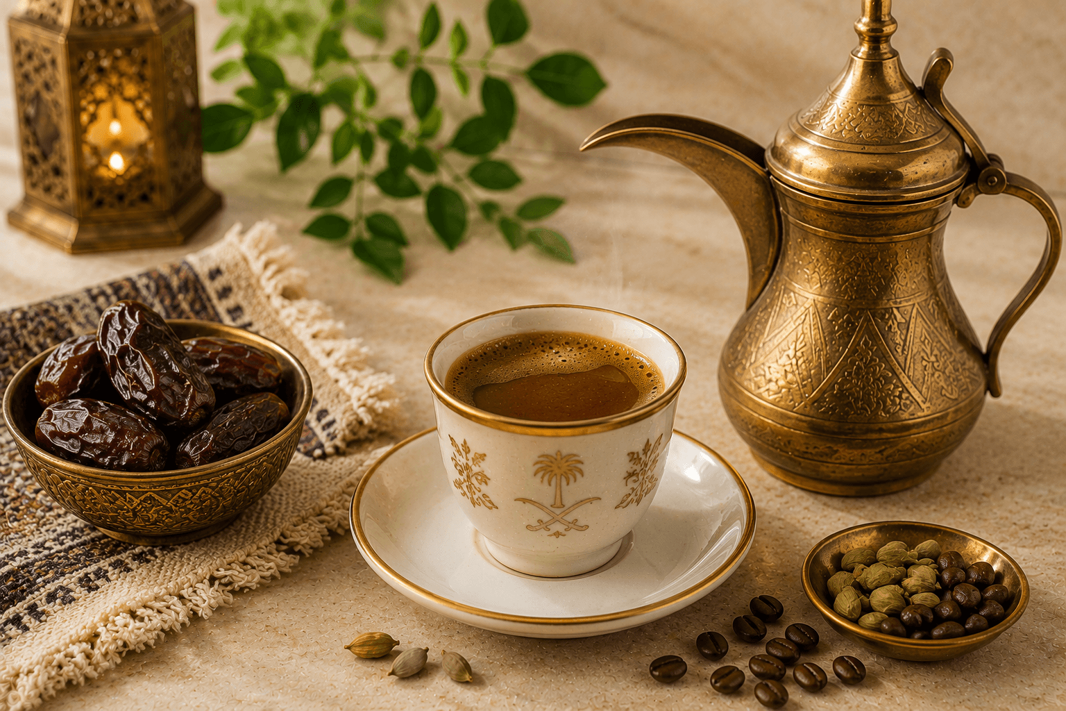Traditional Arabic coffee served in a dallah with small finjan cups, dates, and cardamom pods.