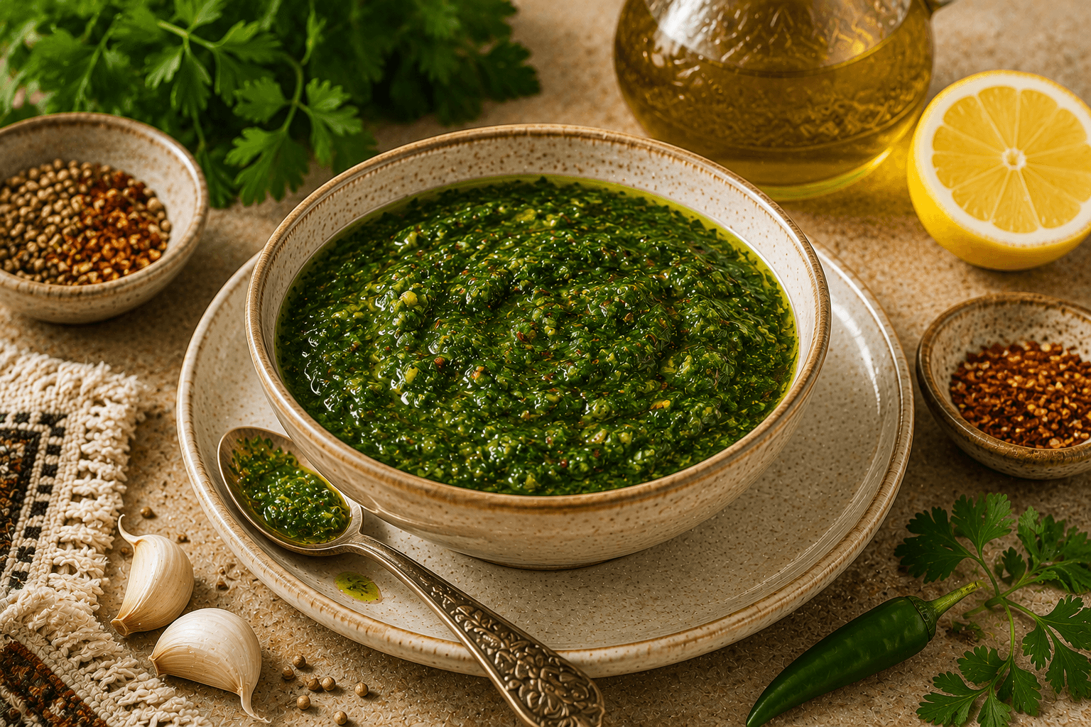 A bowl of authentic Chermoula sauce garnished with fresh cilantro, parsley, garlic, lemon wedges, paprika, and olive oil.