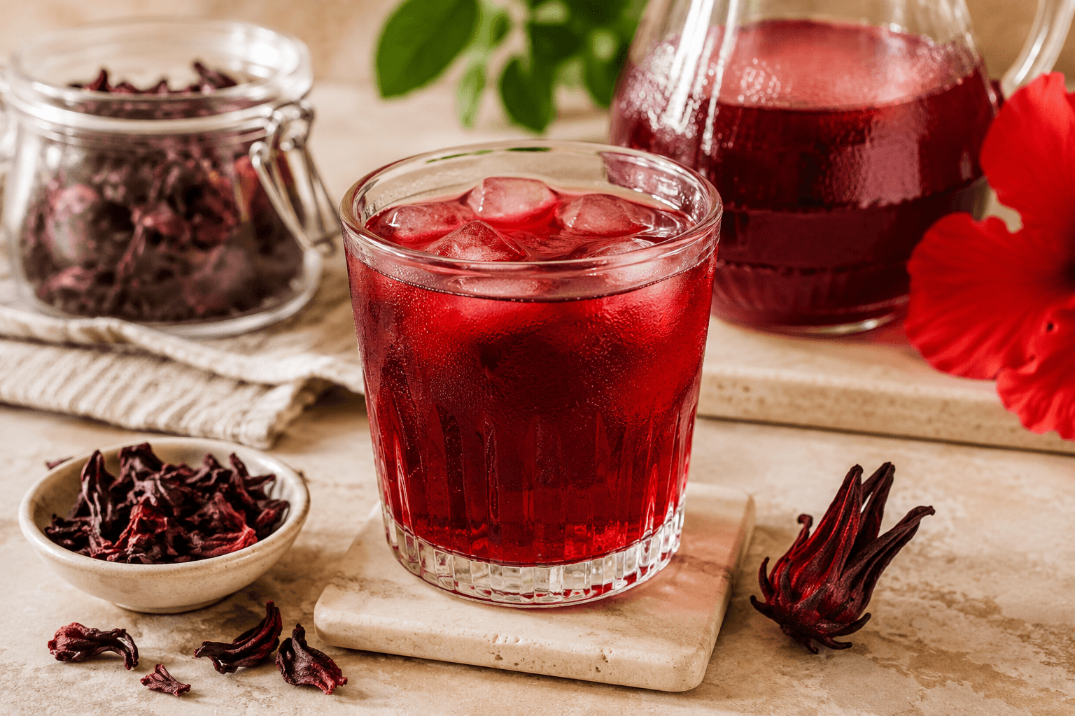 A glass of authentic Egyptian Karkade served over ice with lemon slices and dried hibiscus flowers.