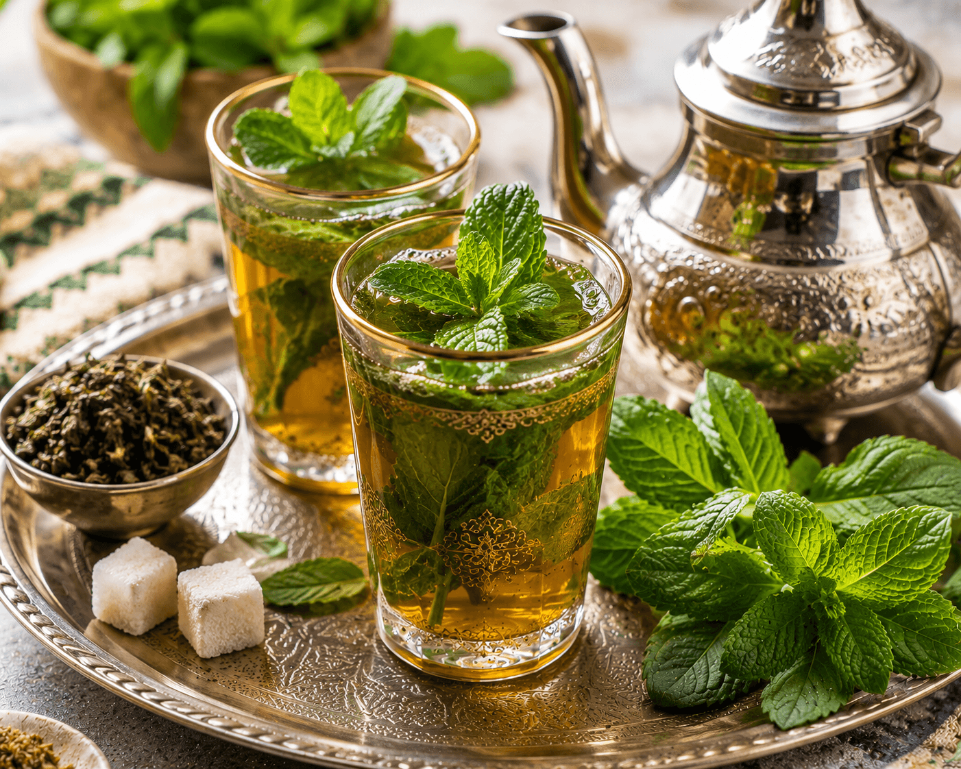 A glass of authentic Lebanese mint tea garnished with fresh mint leaves and served alongside a traditional teapot.