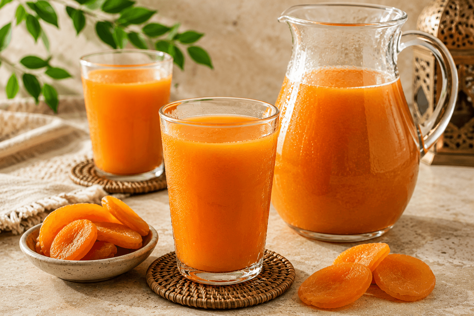A chilled glass of authentic Qamar al-Din garnished with dried apricots, fresh mint, and ice cubes.