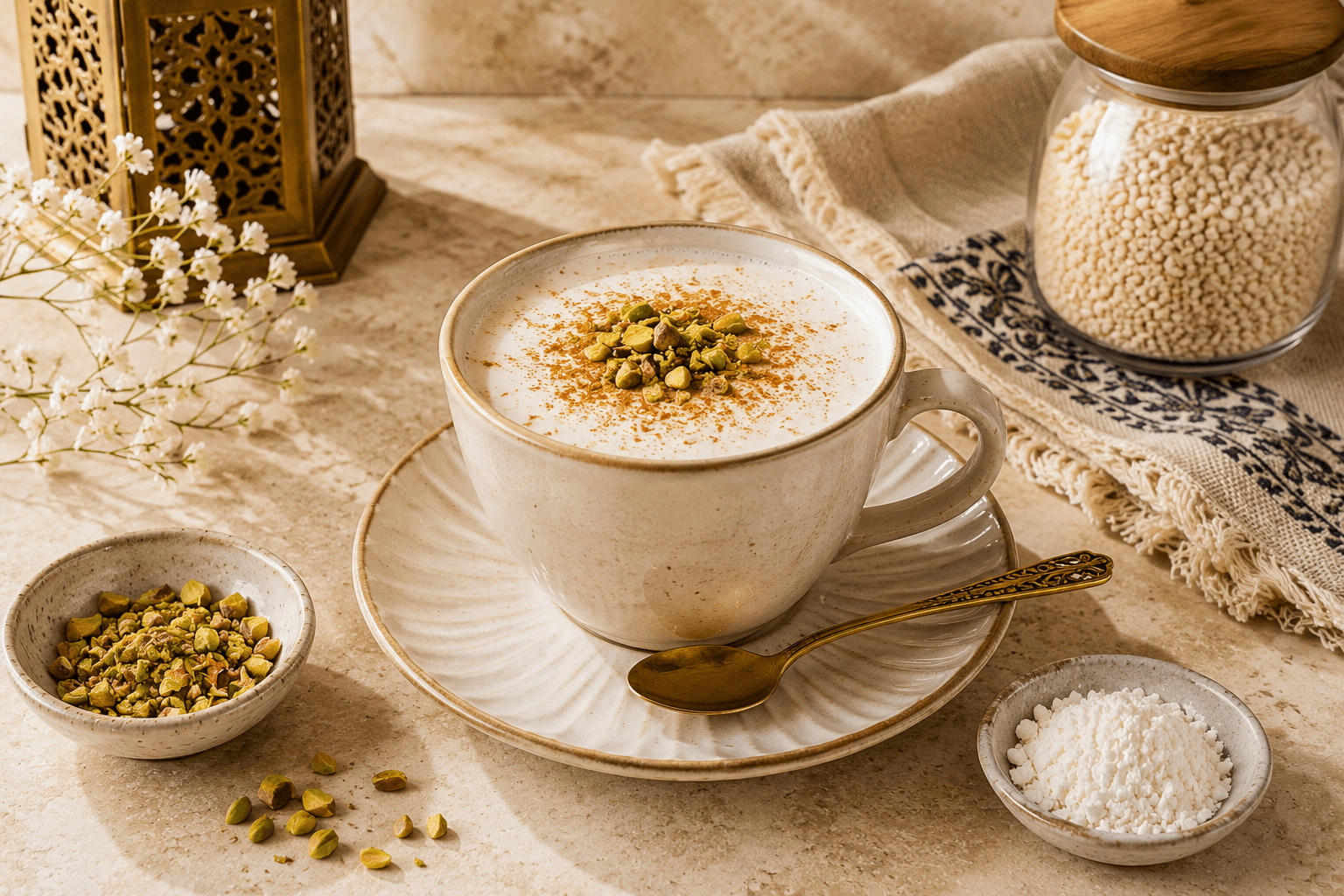 A warm mug of authentic Middle Eastern sahlab topped with pistachios, shredded coconut, cinnamon, and served with a cinnamon stick.