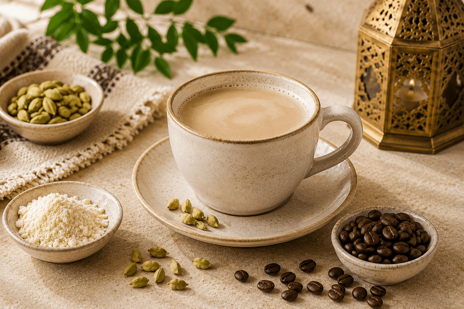 A traditional glass of Lebanese White Coffee garnished with orange blossoms and served on a decorative tray.