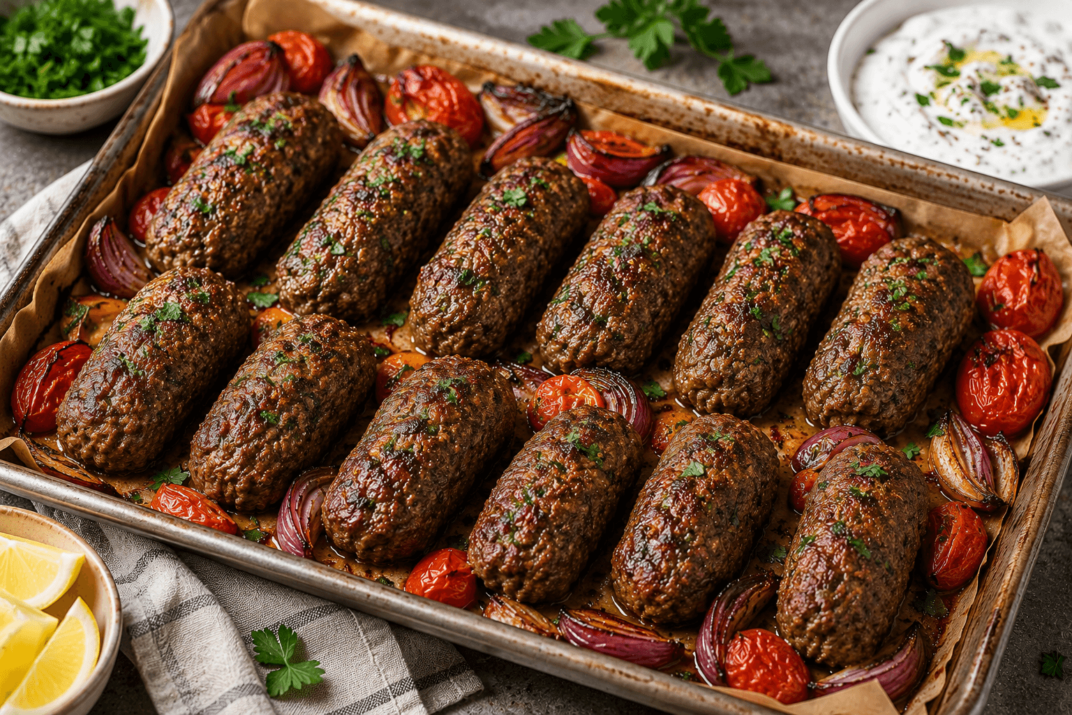 Baked beef kofta served with parsley, grilled vegetables, tahini sauce, and warm pita bread.