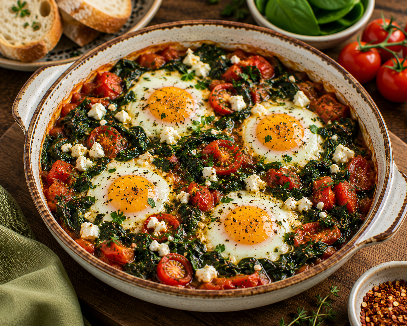 Mediterranean baked eggs with spinach, cherry tomatoes, feta cheese, parsley, and toasted whole grain bread.