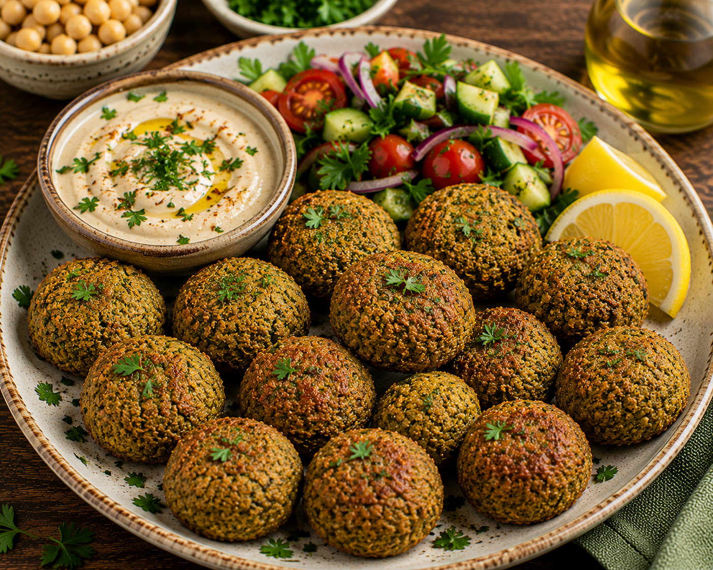 Golden baked falafel served with tahini sauce, fresh parsley, cucumbers, tomatoes, and pita bread.