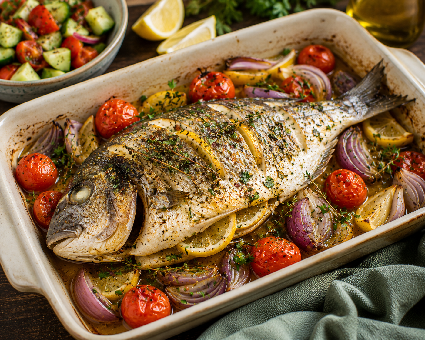 Baked white fish with lemon slices, parsley, dill, garlic, and roasted Mediterranean vegetables.