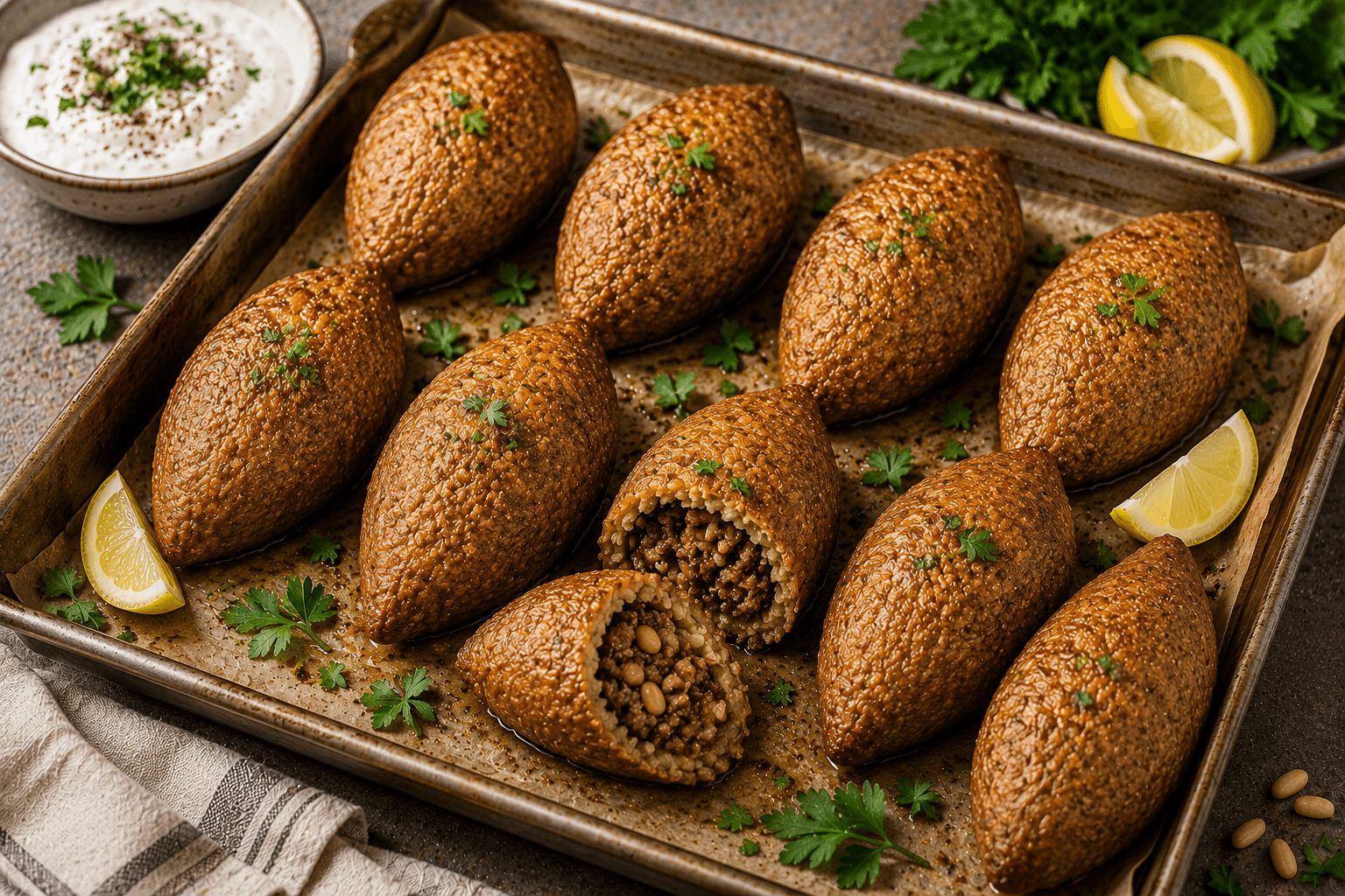 Golden baked Lebanese kibbeh cut into diamond shapes and garnished with toasted pine nuts and fresh parsley.