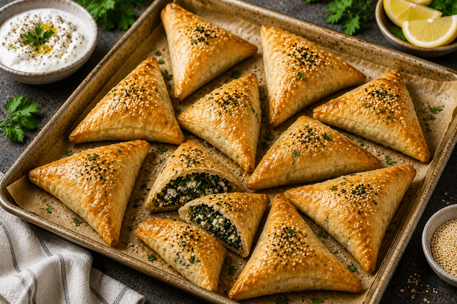 Golden baked spinach sambousek arranged on a serving platter with lemon wedges and fresh parsley.
