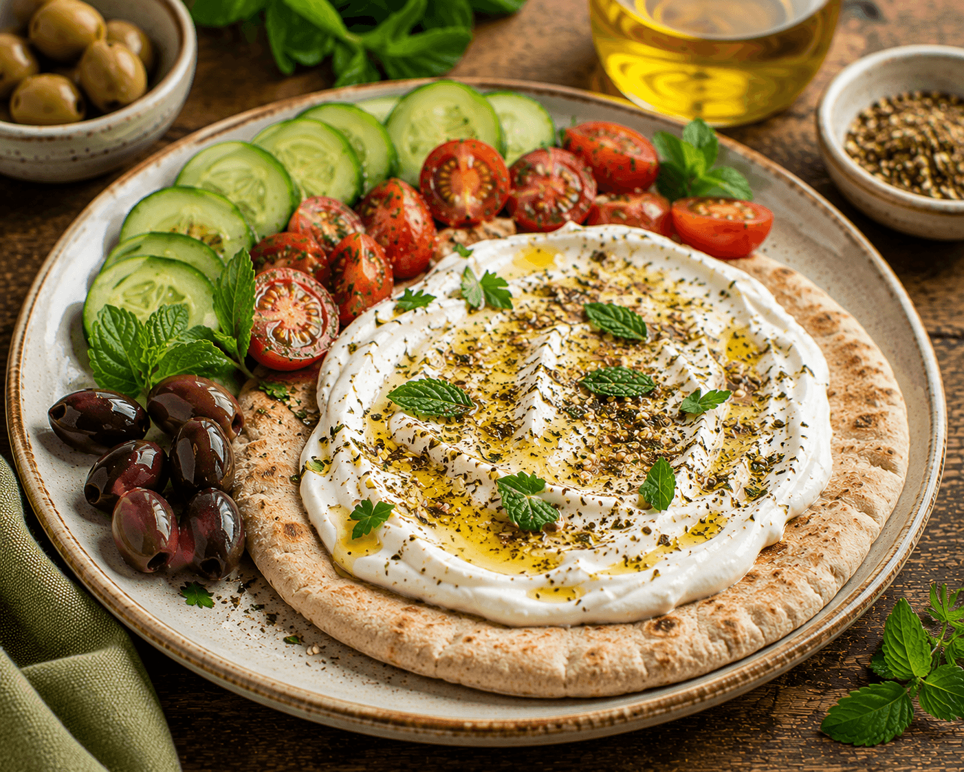 Whole wheat pita filled with labneh, cucumbers, tomatoes, olives, parsley, mint, and za'atar.