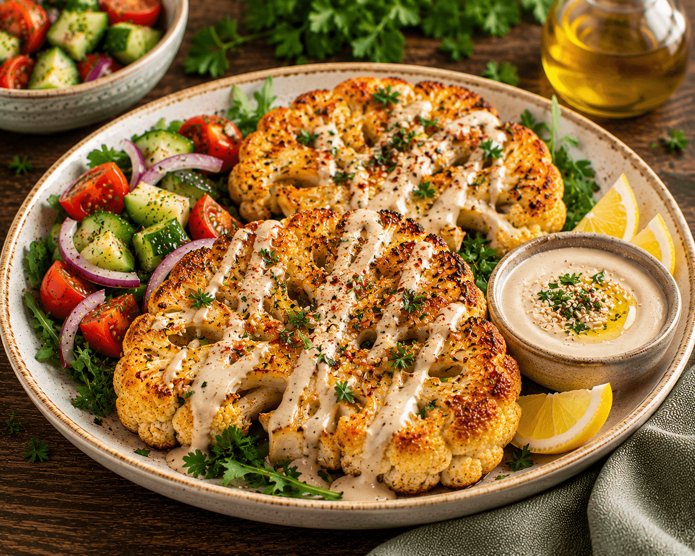 Roasted cauliflower steaks topped with lemon tahini sauce, parsley, paprika, and toasted pine nuts.