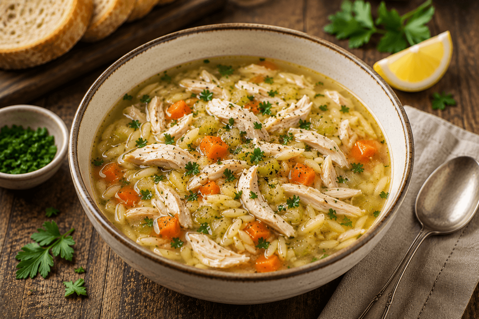 Mediterranean chicken orzo soup with carrots, celery, parsley, and lemon wedges.