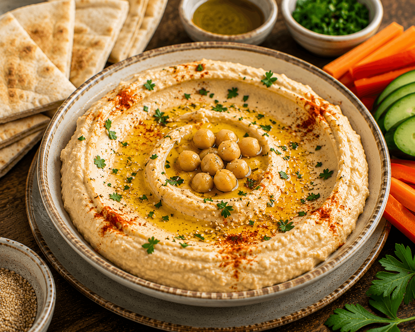 Creamy hummus topped with olive oil, paprika, parsley, whole chickpeas, and served with warm pita bread and fresh vegetables.