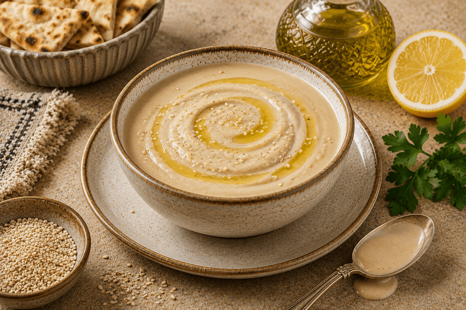 A bowl of creamy tahini sauce garnished with parsley, sesame seeds, olive oil, garlic, and lemon wedges.