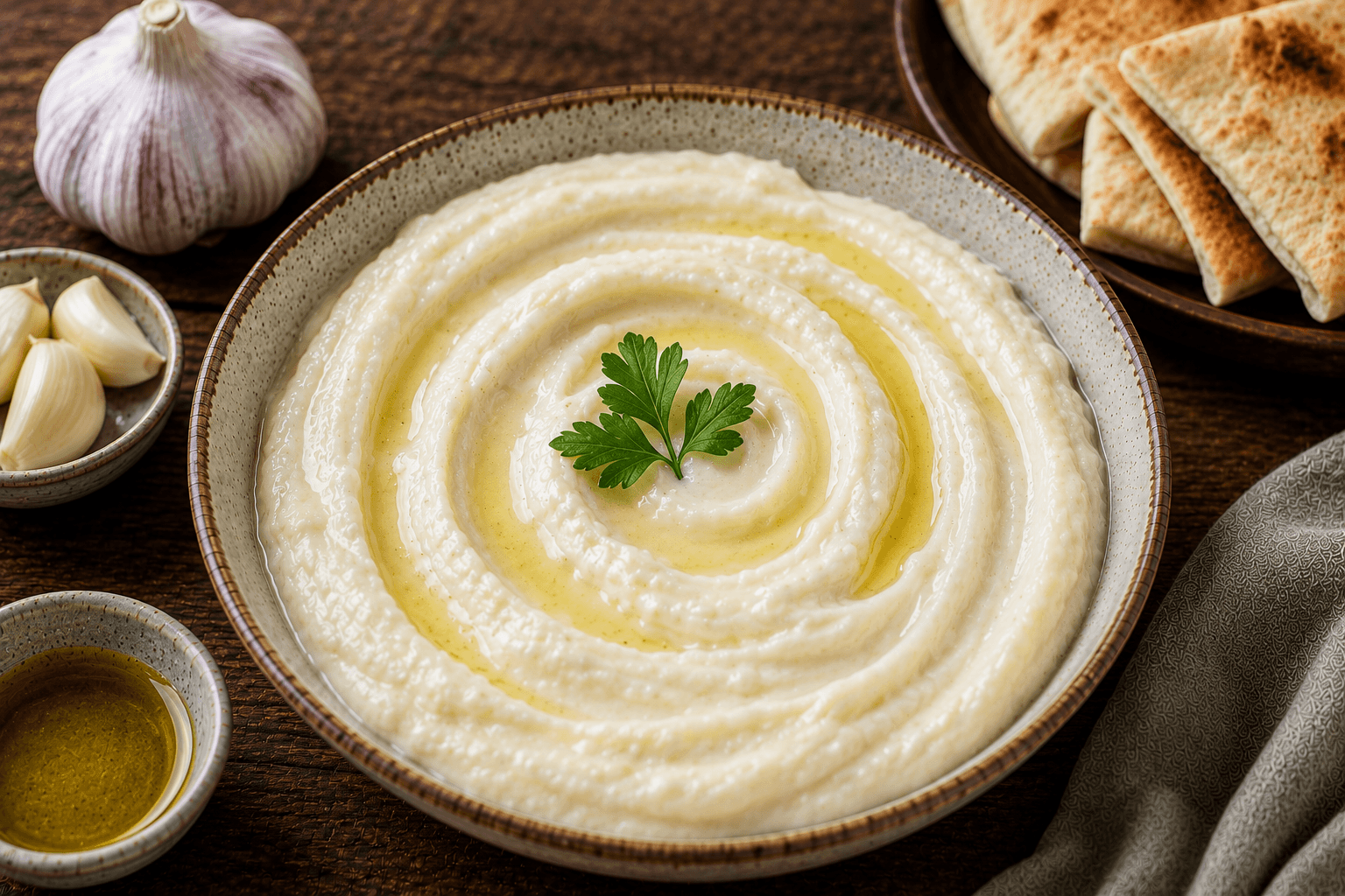 A bowl of fluffy Lebanese toum garnished with garlic cloves, parsley, lemon wedges, and served with pita bread.