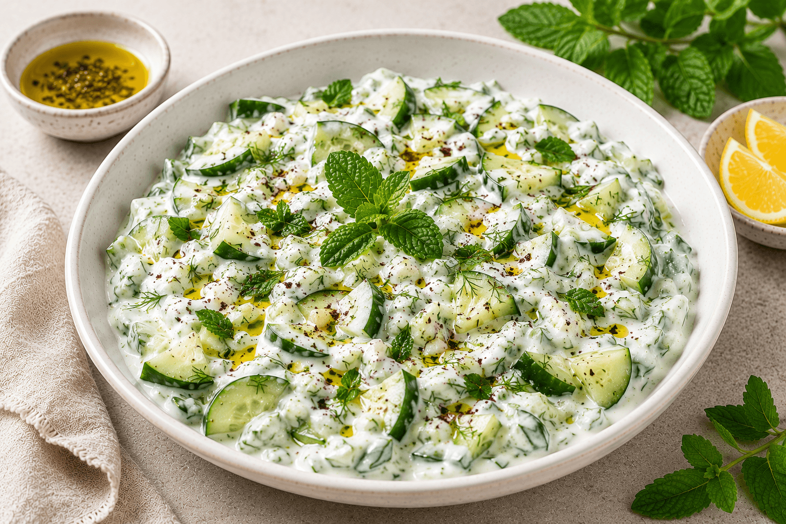Creamy cucumber yogurt salad garnished with fresh dill and mint.