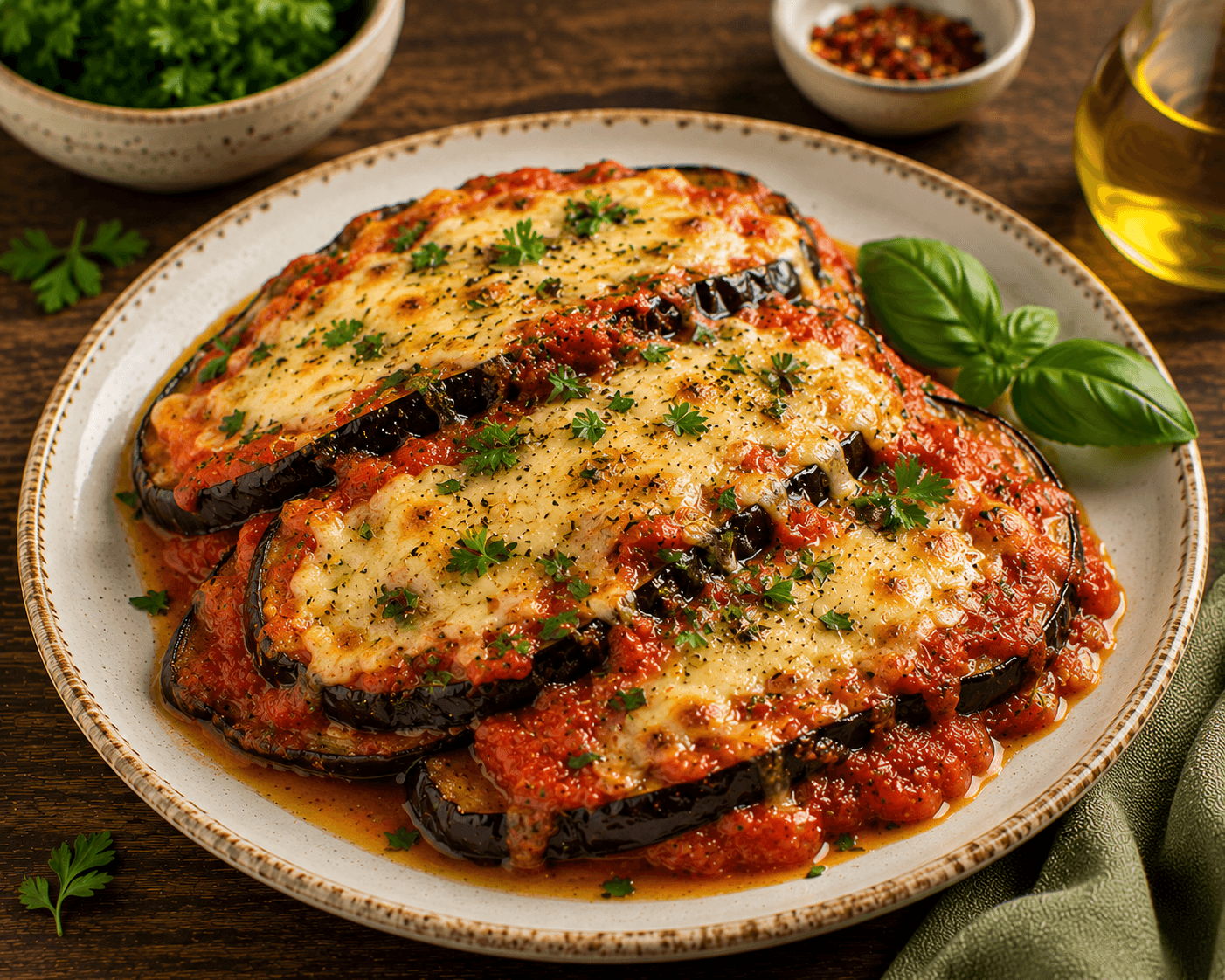 Mediterranean baked eggplant parmesan layered with tomato sauce, mozzarella, Parmesan, and fresh basil.
