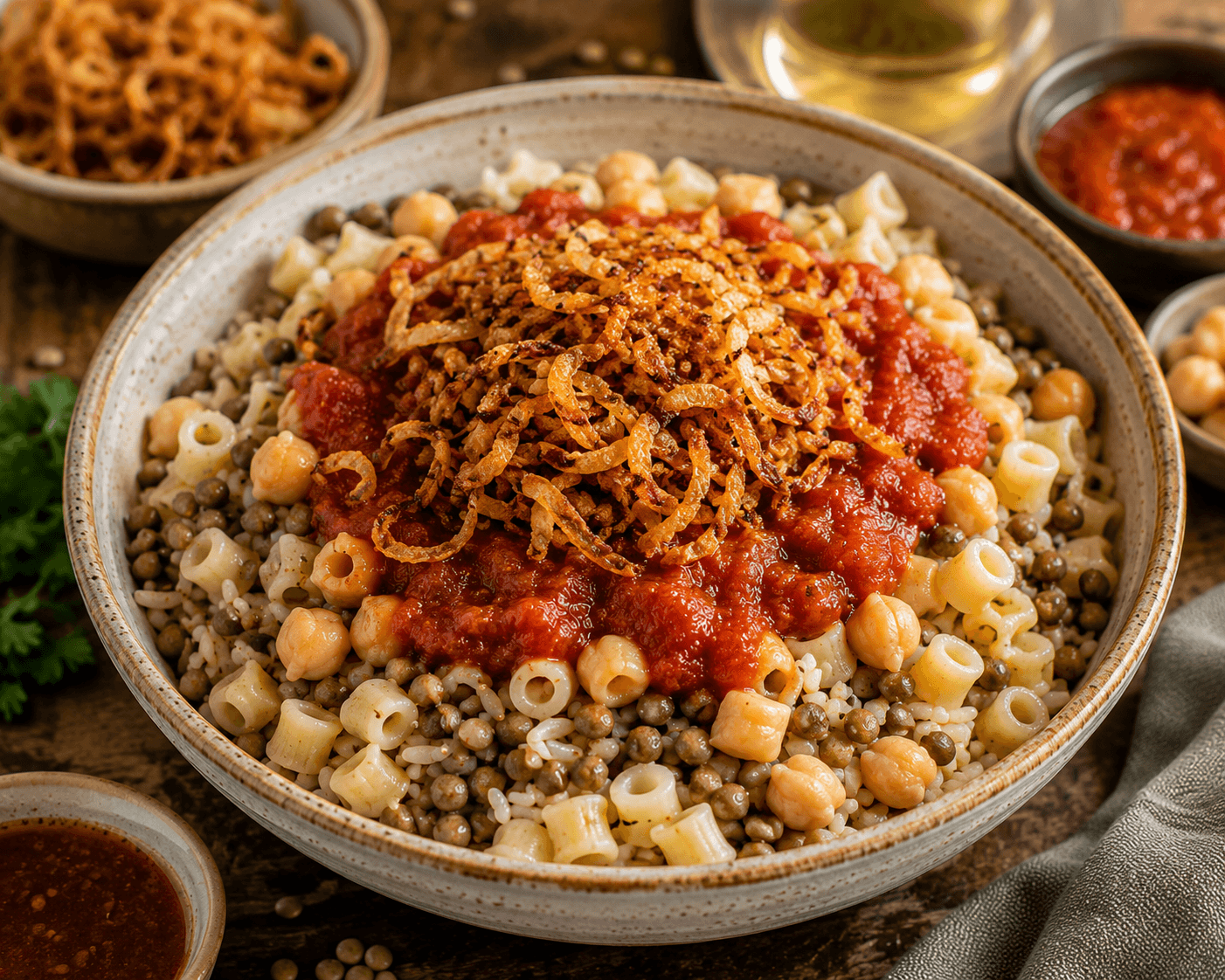 Traditional Egyptian Koshari topped with crispy onions, tomato sauce, chickpeas, and fresh parsley.