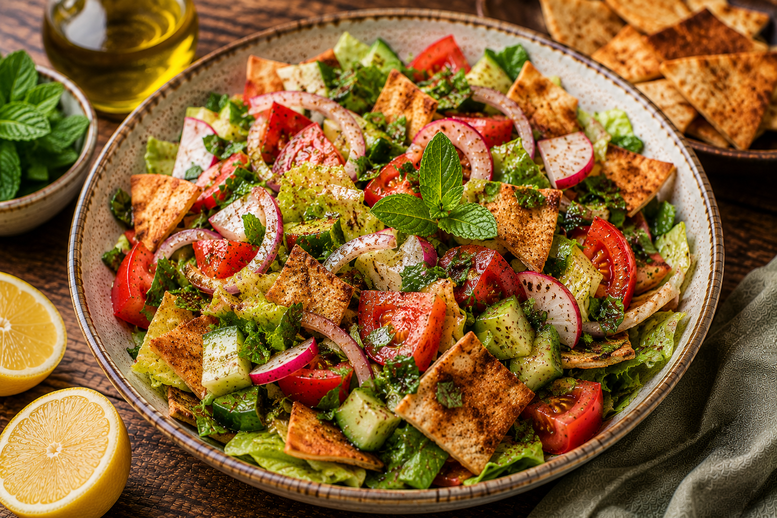 Traditional Lebanese Fattoush salad with toasted pita bread, tomatoes, cucumbers, lettuce, parsley, mint and sumac.