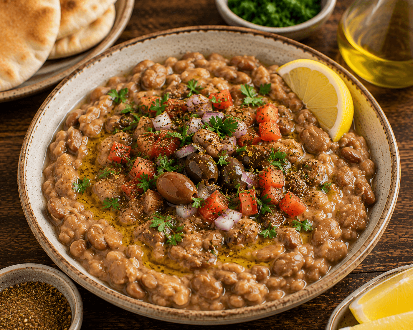 Traditional Egyptian Ful Medames topped with parsley, tomatoes, olive oil, and served with warm pita bread.