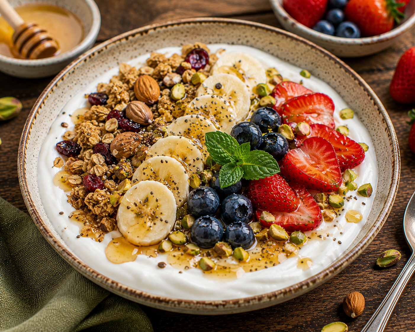 Greek yogurt breakfast bowl topped with berries, banana, walnuts, almonds, chia seeds, and honey.