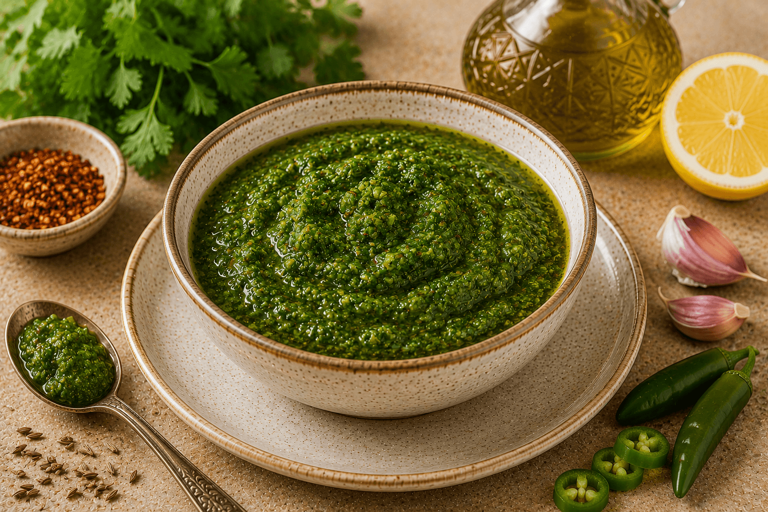 A bowl of vibrant green zhoug sauce garnished with cilantro leaves, olive oil, garlic, green chilies, and spices.