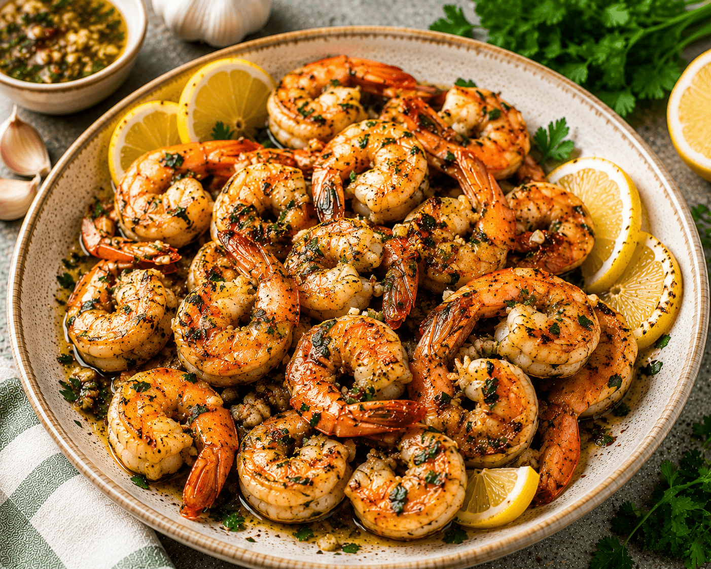 Grilled shrimp garnished with fresh parsley, lemon wedges, and a light drizzle of olive oil.