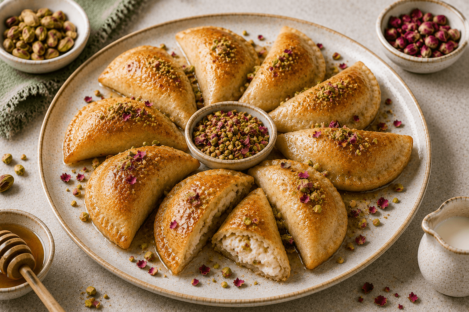 Healthy baked atayef filled with ricotta and pistachios, garnished with crushed pistachios, honey drizzle, and dried rose petals.