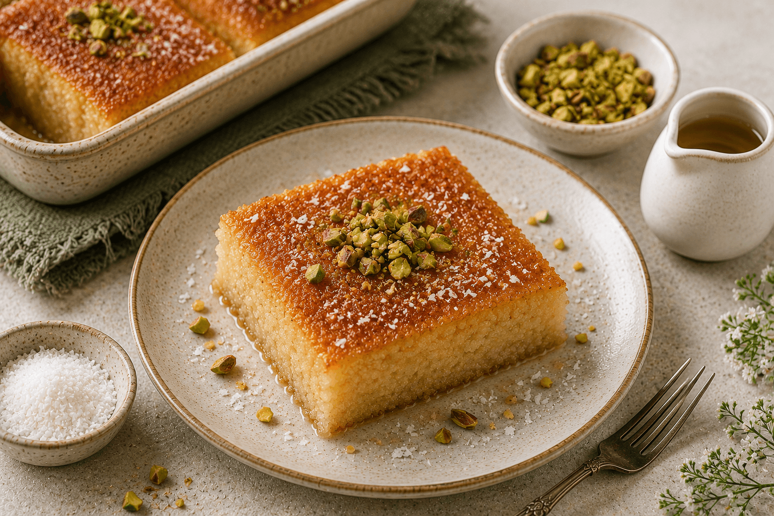 Golden Egyptian healthy basbousa cut into diamond shapes and topped with whole almonds.