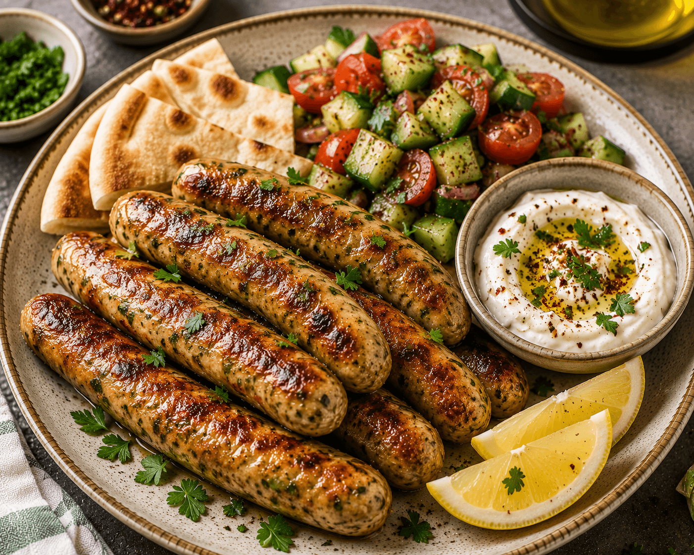 Healthy Lebanese chicken makanek garnished with parsley and served with lemon wedges.