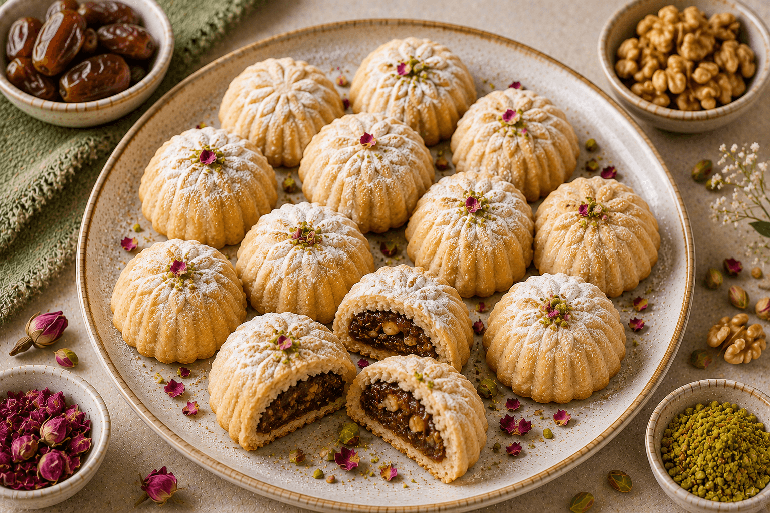 Healthy whole wheat Ma'amoul cookies filled with dates and walnuts, arranged on a serving plate with pistachios and fresh mint.
