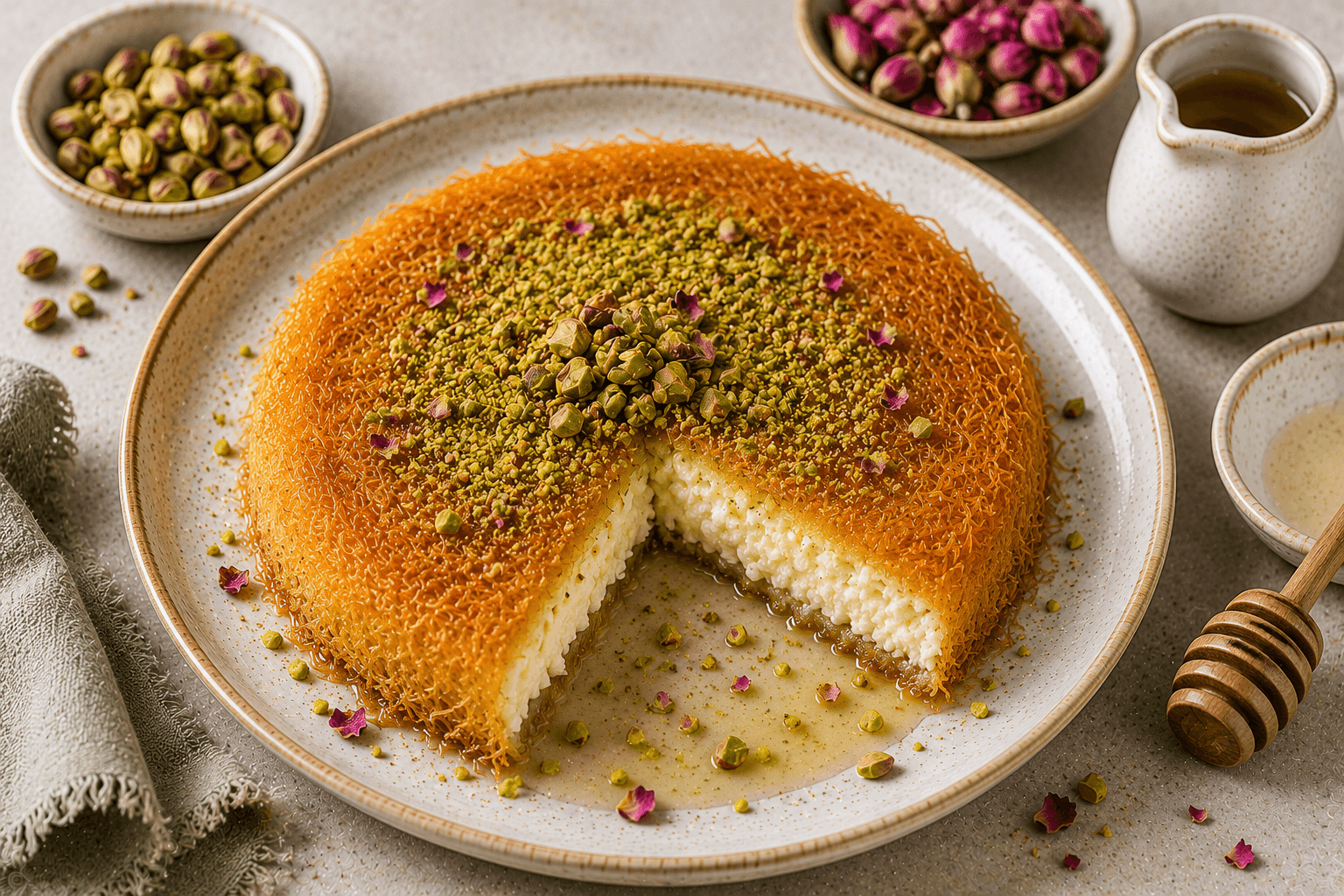 Healthy kanafeh made with crispy kataifi pastry, ricotta, mozzarella, pistachios, and a light honey syrup.