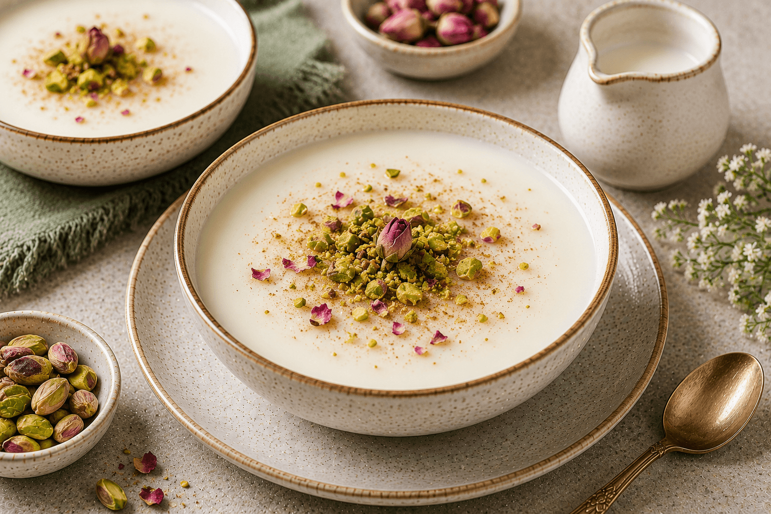 Creamy Egyptian mahalabia served in glass cups with chopped pistachios, cinnamon, and dried rose petals.