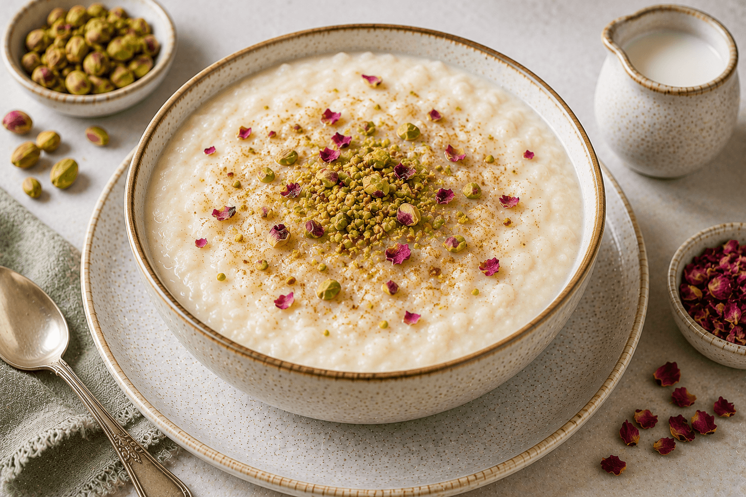 Creamy Egyptian rice pudding served in a glass bowl and topped with cinnamon, chopped pistachios, and fresh mint.