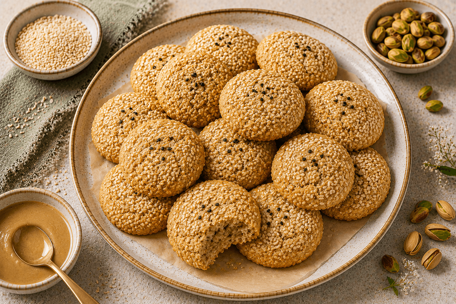 Healthy sesame tahini cookies topped with toasted sesame seeds on a rustic serving plate.