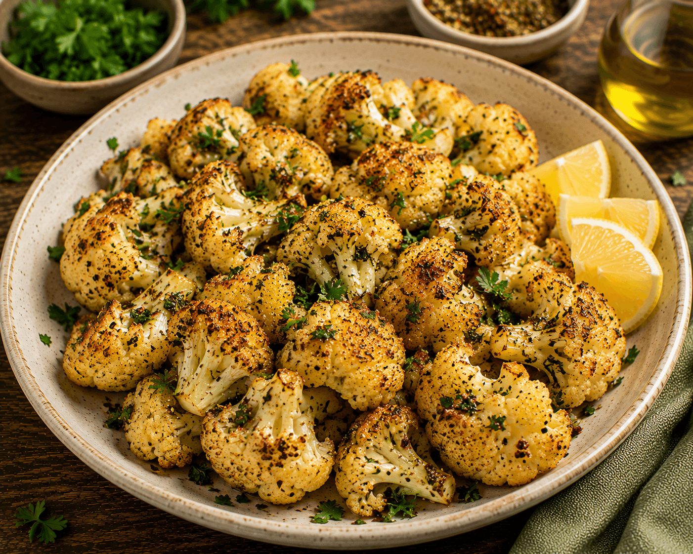 Golden roasted cauliflower florets garnished with parsley and lemon wedges.