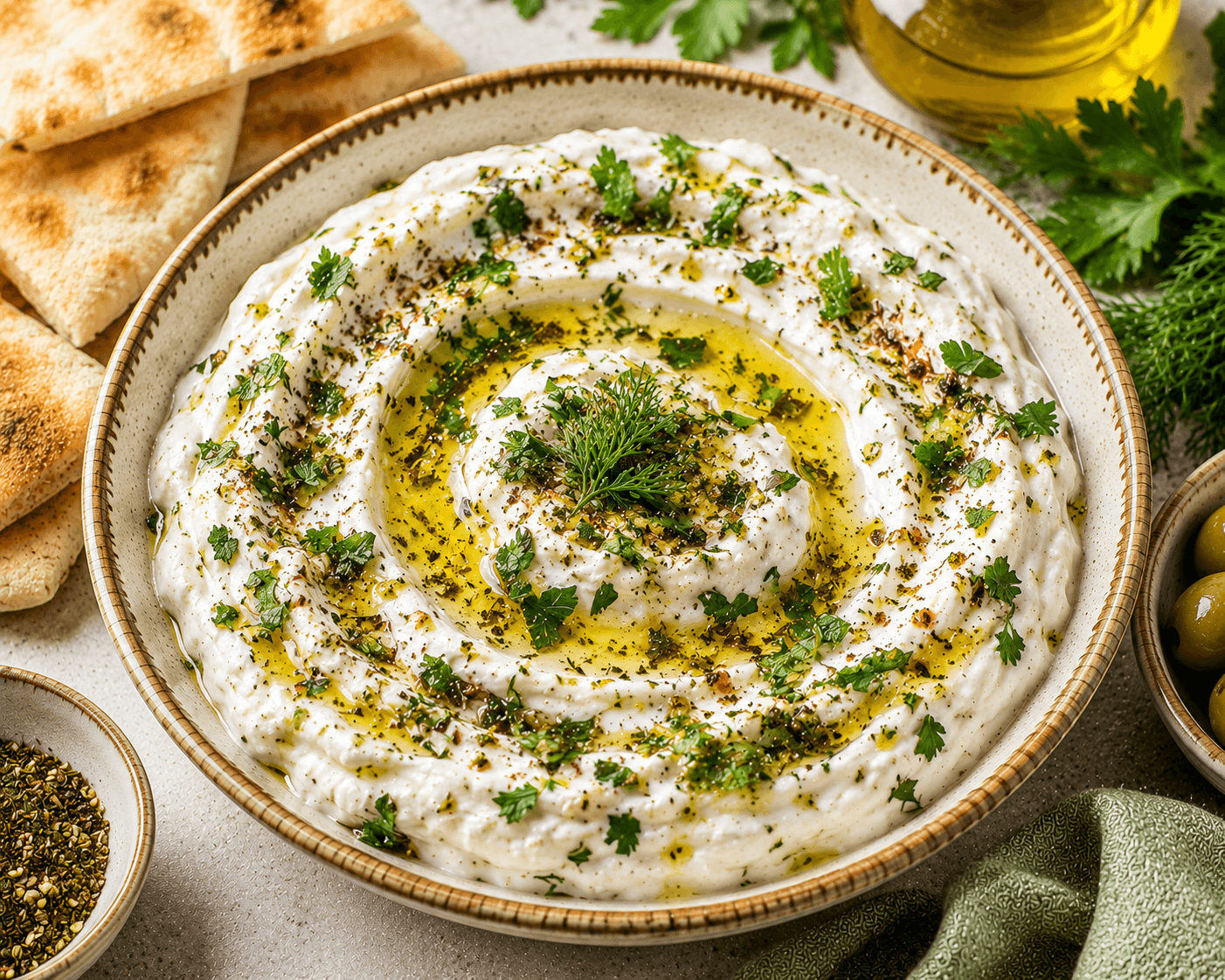 Creamy labneh dip topped with fresh parsley, mint, dill, olive oil, lemon zest, and served with vegetables and pita bread.