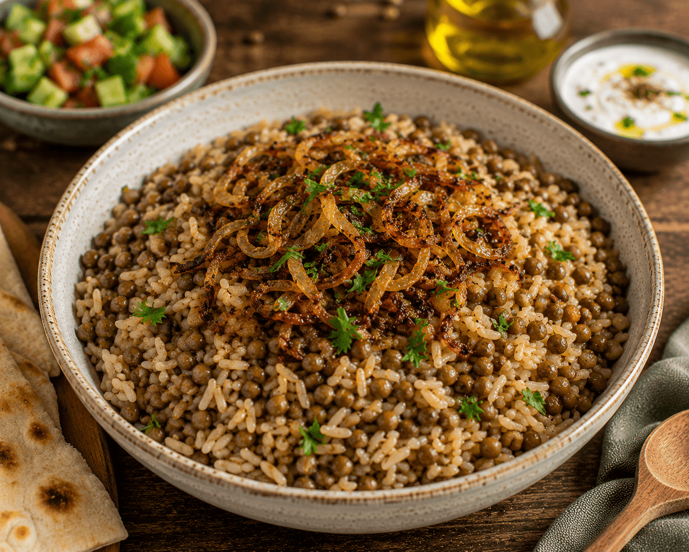 Lebanese Mujadara served with caramelized onions, parsley, cucumber salad, and lemon wedges.