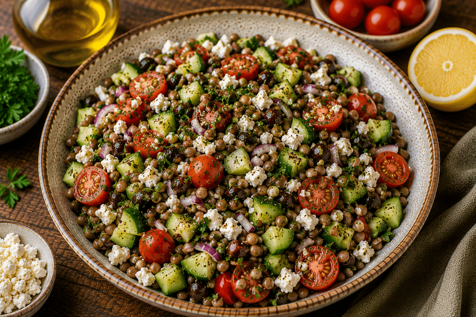 Mediterranean lentil salad with tomatoes, cucumbers, parsley, feta cheese and lemon dressing.