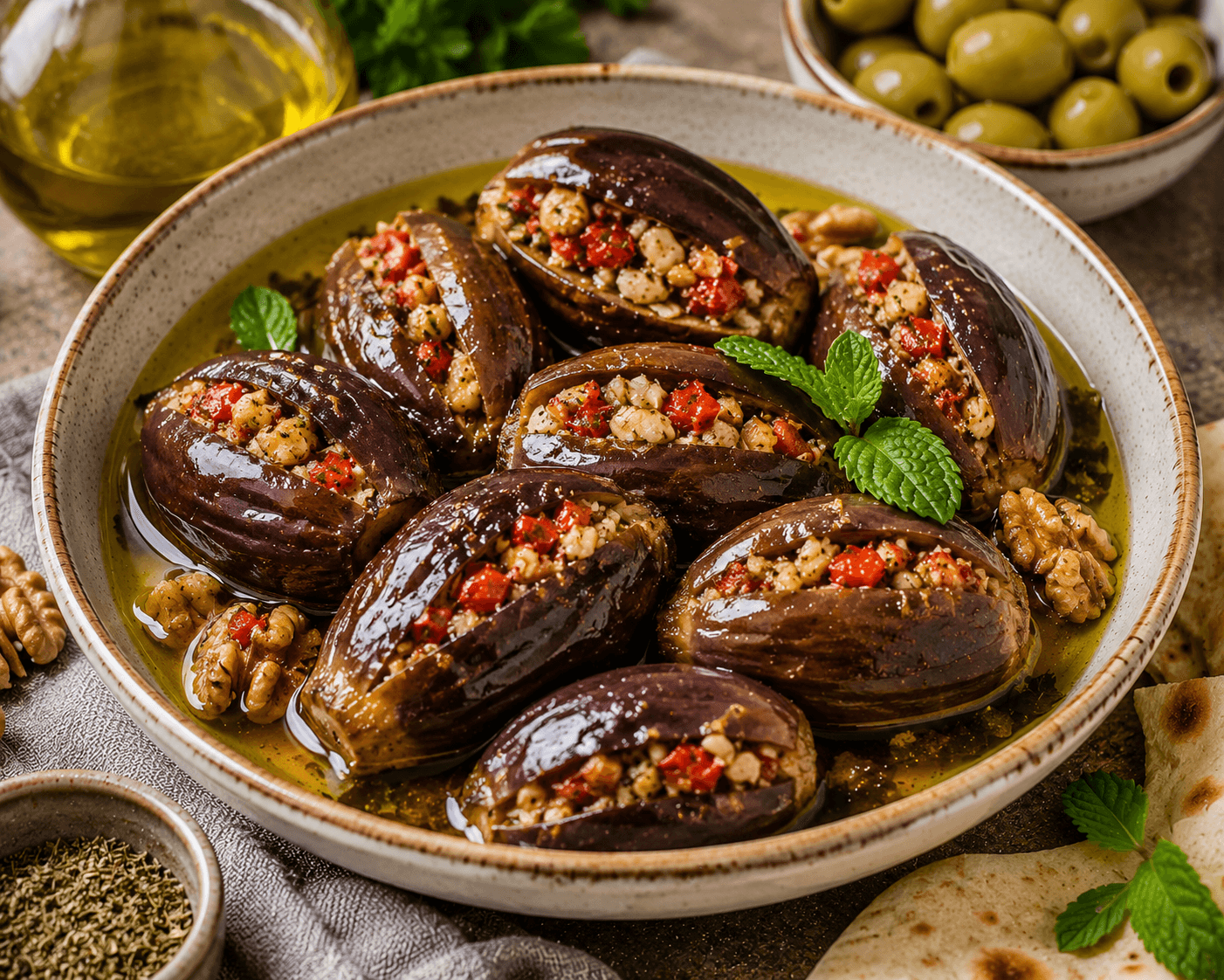 Stuffed baby eggplants filled with walnuts, garlic, parsley, and pomegranate molasses, garnished with parsley and walnuts.