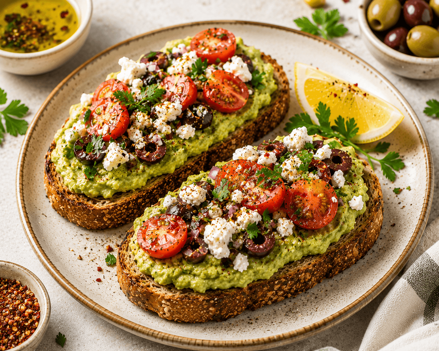 Whole grain avocado toast topped with feta cheese, tomatoes, cucumber, parsley, and olive oil.