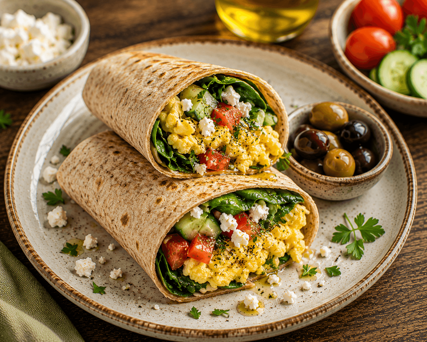 Whole wheat breakfast wrap filled with scrambled eggs, spinach, feta cheese, tomatoes, cucumbers, and hummus.
