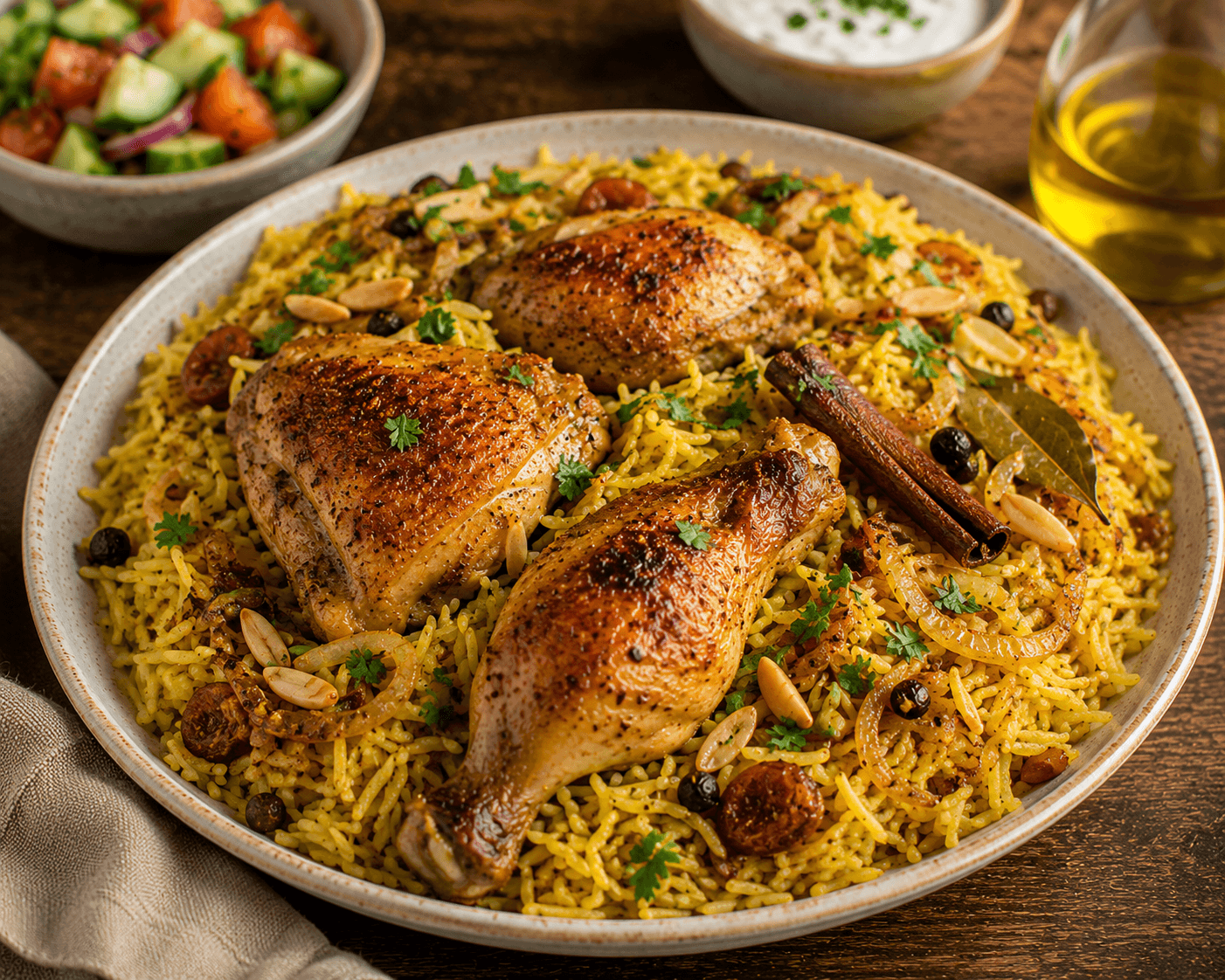 Mediterranean Chicken Kabsa served with brown basmati rice, roasted chicken, fresh parsley, and toasted almonds.