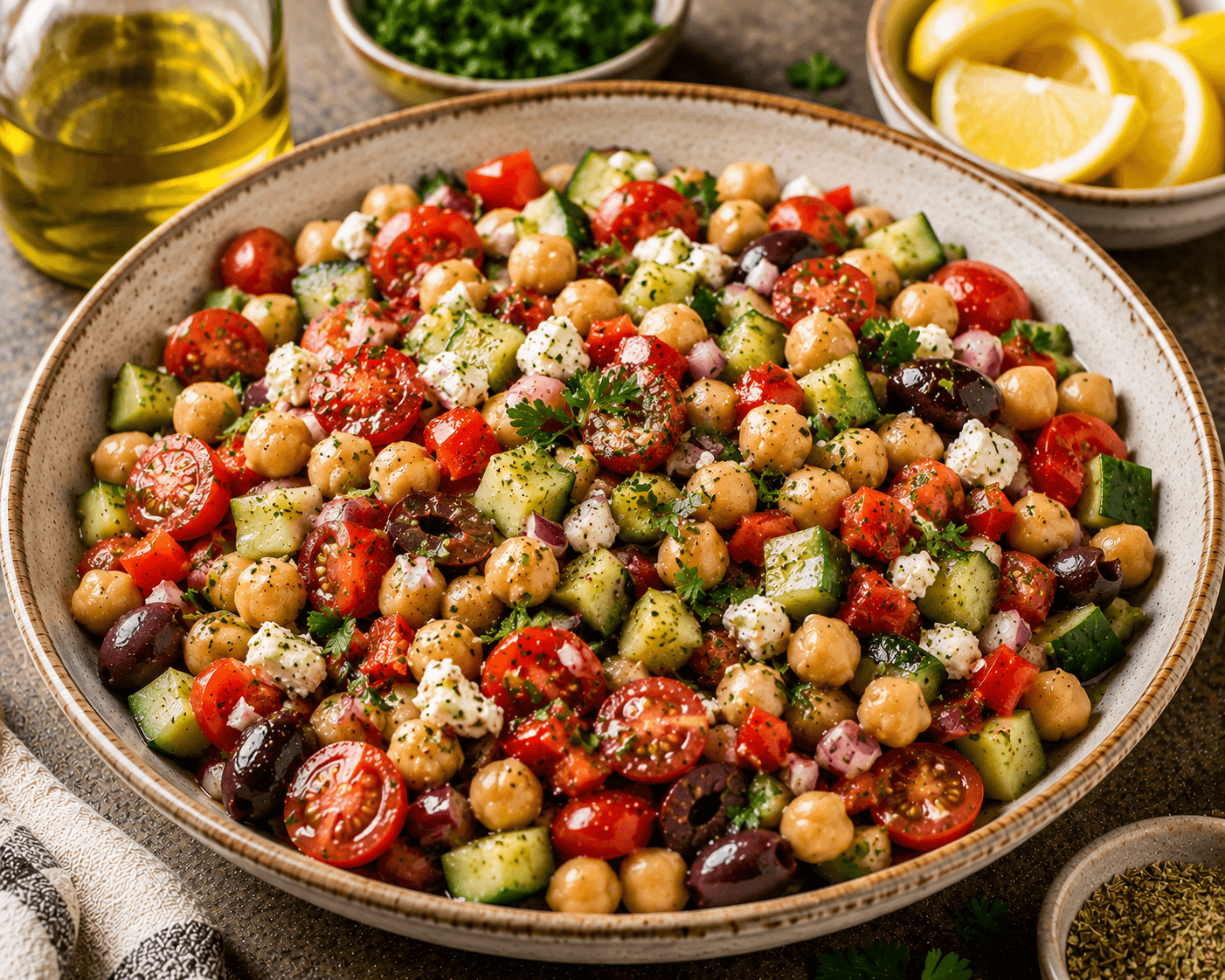 Mediterranean chickpea salad with cucumbers, tomatoes, parsley, feta cheese, and lemon dressing.