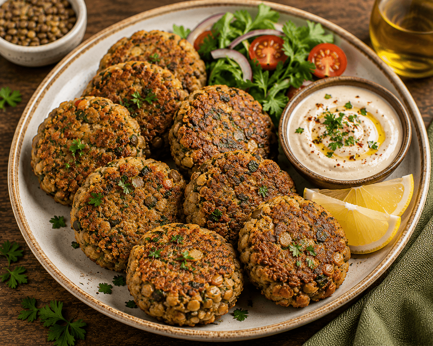 Golden baked Mediterranean lentil patties served with tahini sauce and fresh parsley.