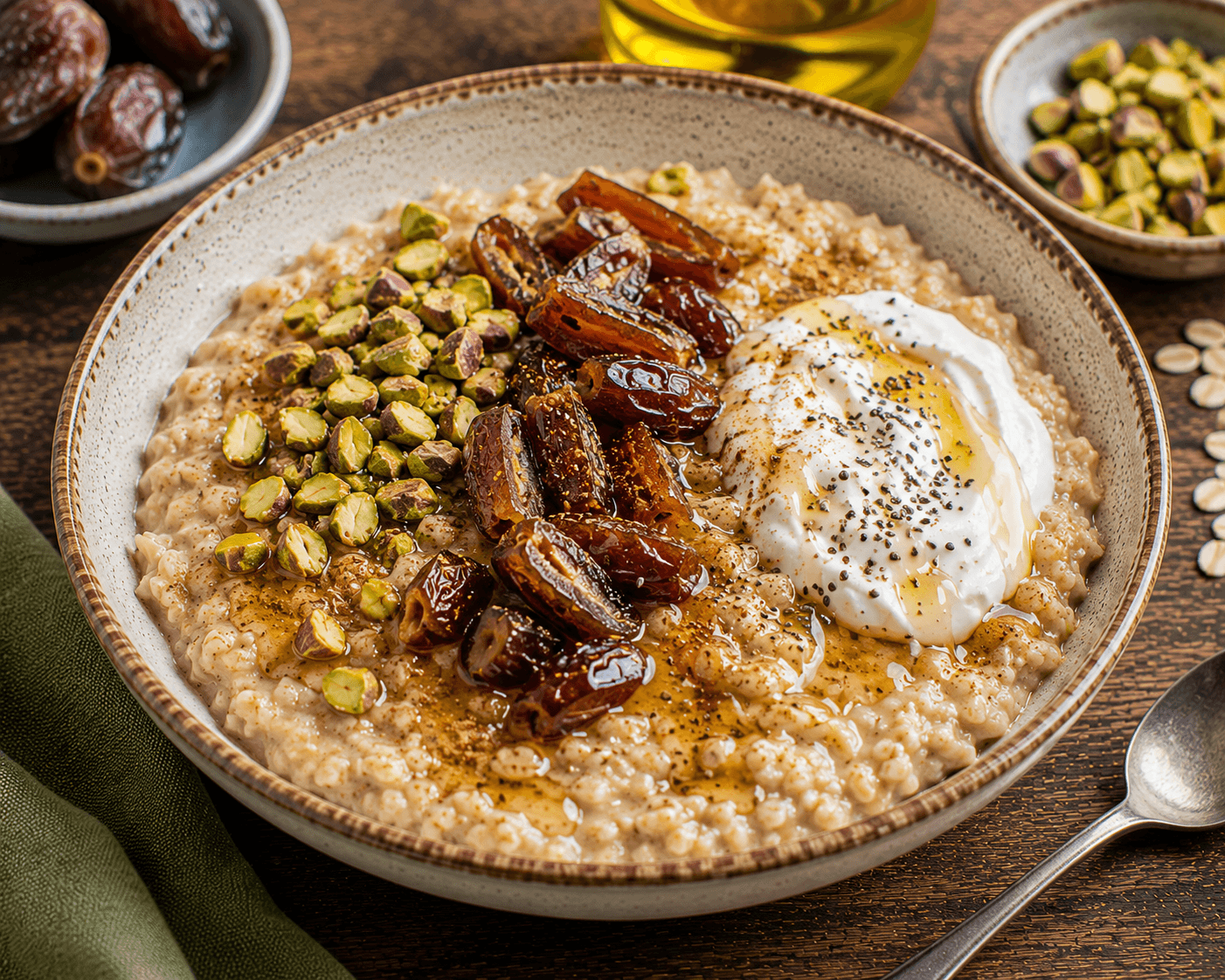 Creamy oatmeal topped with dates, pistachios, walnuts, banana slices, blueberries, cinnamon, and honey.