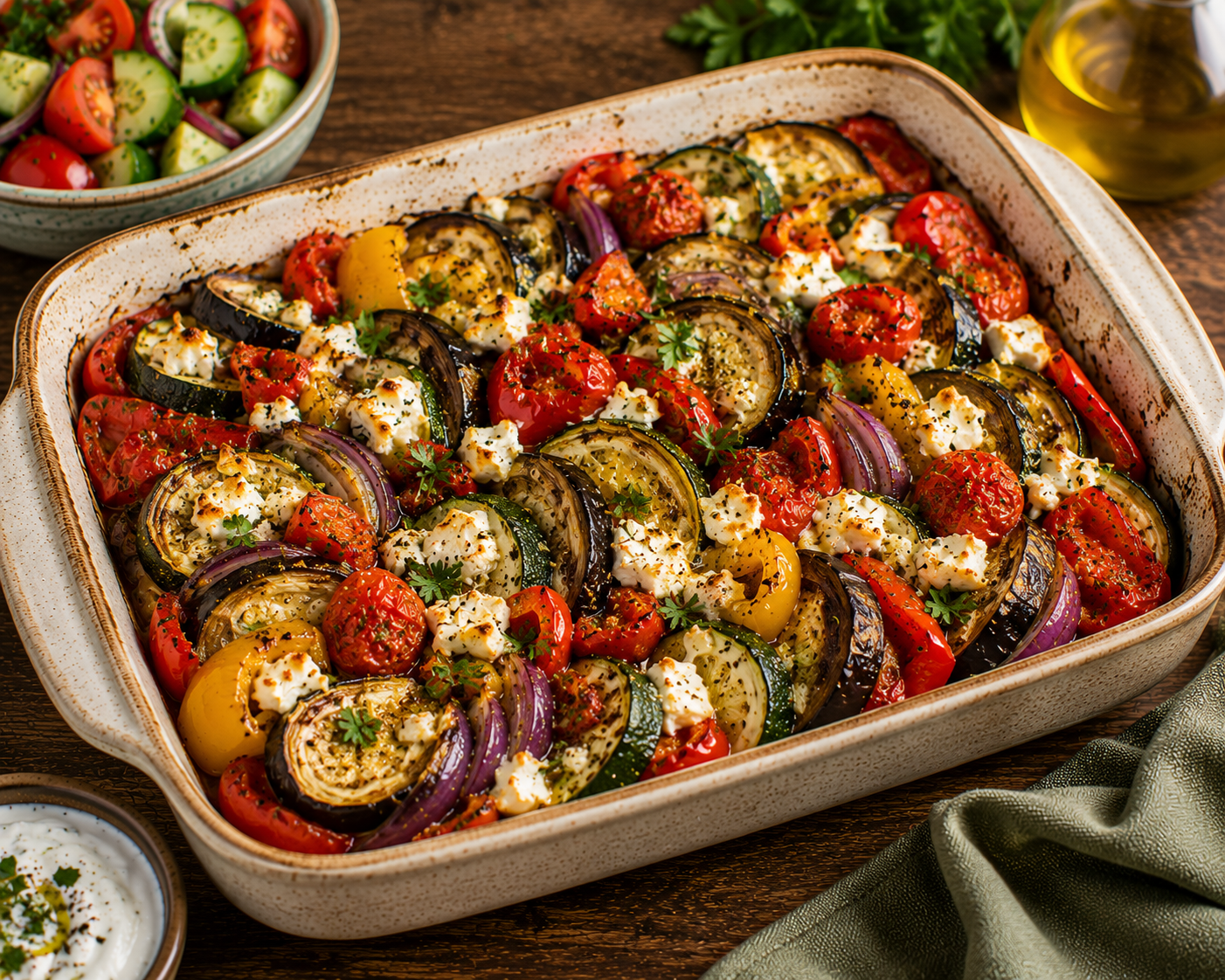 Mediterranean vegetable bake with zucchini, eggplant, peppers, tomatoes, chickpeas, herbs, and olive oil.