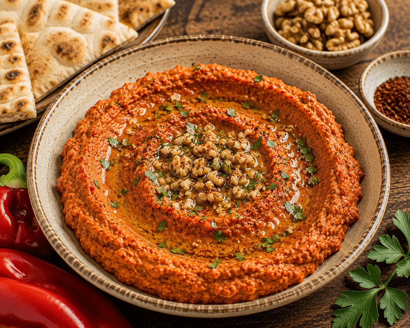 Creamy Muhammara topped with walnuts, parsley, olive oil, and pomegranate seeds, served with warm pita bread.