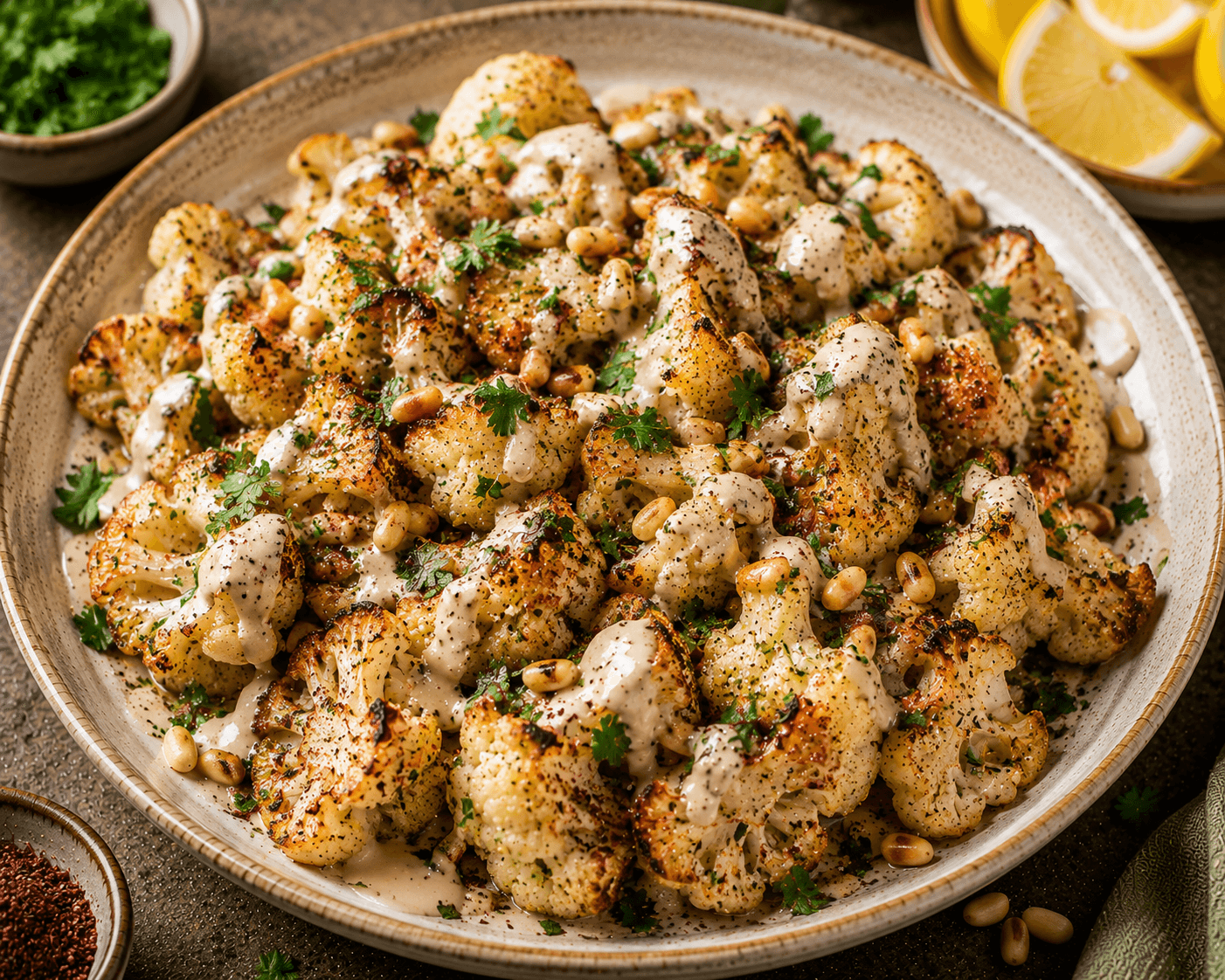 Golden roasted cauliflower topped with creamy tahini sauce, toasted pine nuts, parsley, and lemon wedges.